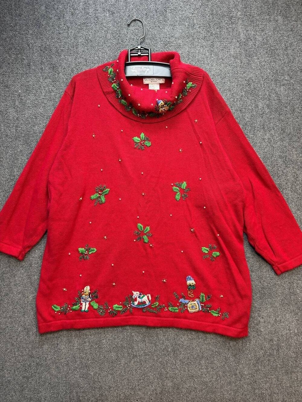 Vintage Victoria Jones Christmas Sweater Womens 3X Red Embroidered Holiday